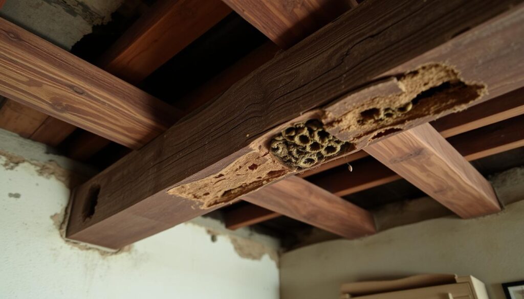 Termite damage to wooden structure in a Kakinada home